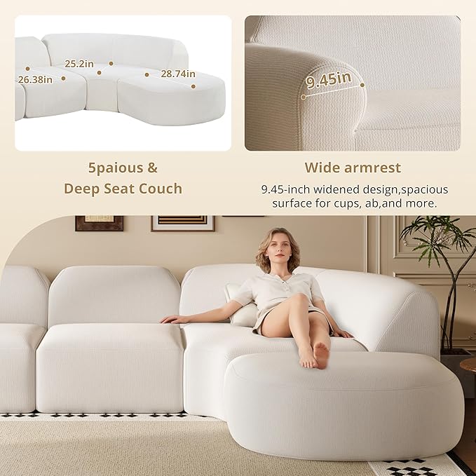 Merax Modern Curved Sectional Sofa with Ottoman, Couch 4-Piece Set High-Density Compressed Sponge, Fully Assembled, Right Hand Facing, Plush Deep Seat for Living Room, Lounge, Apartment, Beige