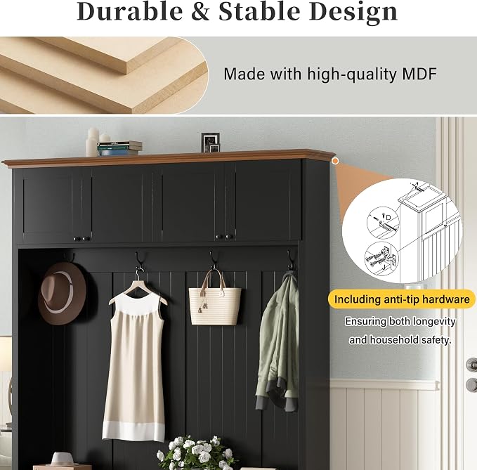 Merax Wood Rustic 59''W Hall Tree Entryway Bench with 4 Hooks and Cabinets, Farmhouse Mudroom Versatile Coat Racks with Shoe Storage Bench, Entrance Organizer for Hallway, Living Room Black - Image 5