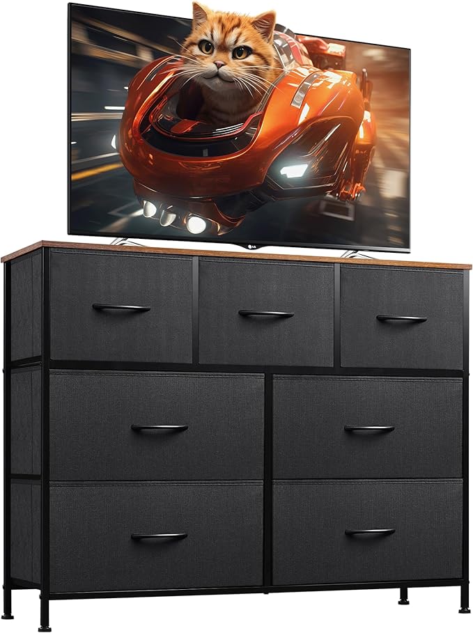 WLIVE 7 Drawer Dresser TV Stand, Entertainment Center, Media Console Table with Metal Frame and Wood Top for TV up to 45 inch, Chest of Drawers for Bedroom, Living Room, Black and Rustic Brown by WLIVE
