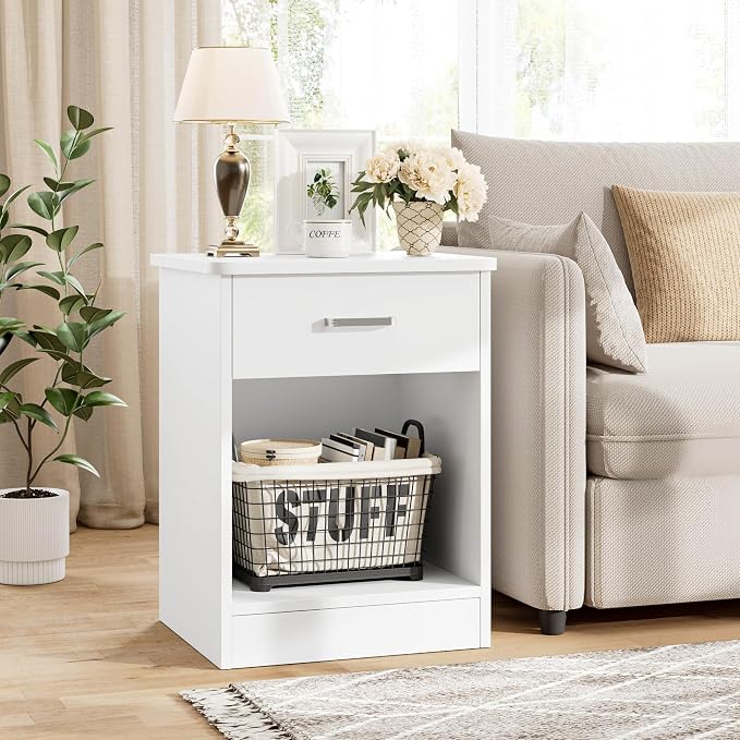 FOTOSOK Nightstand Set of 2, White Nightstand with Drawer and Storage Shelf, Bedside Table End Table, Modern Night Stand for Bedroom, Home Office,White - Image 7