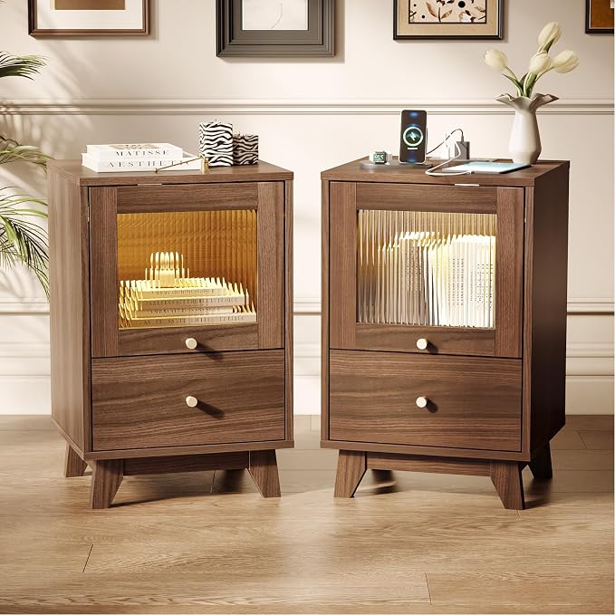 VINGLI Walnut Nightstands Set of 2 with Charging Station, Led Nightstand with Fluted Glass Drawers, Mid Century Modern Nightstand for Bedroom, 2 Drawer Woodn Bedside Table/End Table/Side Table, Walnut by VINGLI