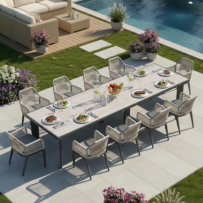 PURPLE LEAF 11 Pieces Patio Dining Set Aluminum Modern Oversize Rectangular Table and Rattan Arm Chairs with Cushions for Kitchen Porch Garden Outdoor Furniture Sets, Beige and Dark Grey by PURPLELEAF