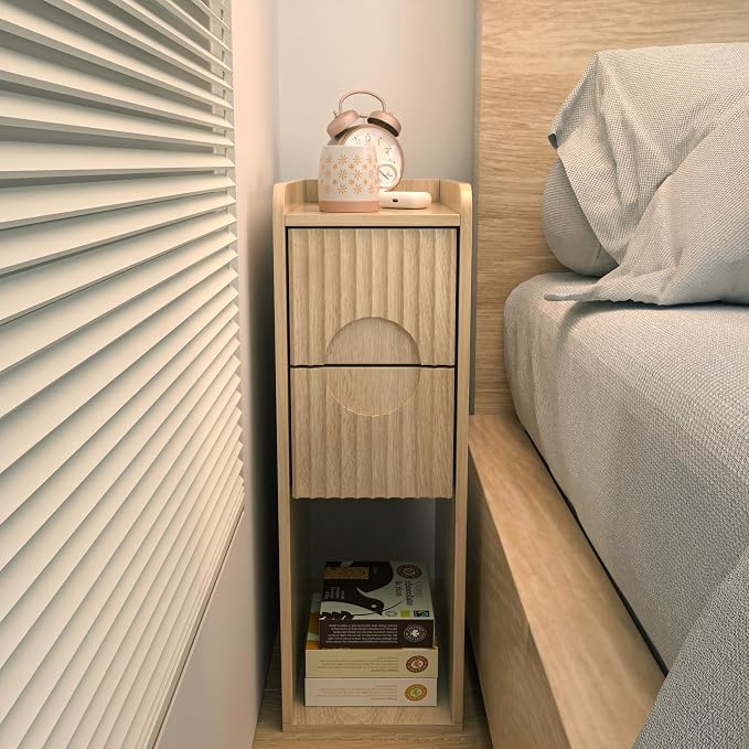 Small Fluted Nightstand Set of 2, Wood 2 Drawer Narrow Nightstand, Slim Side Table, Modern Boho End Bedside Table, Natural Wood Night Stand with Drawers for Bedroom, Living Room, Natural - Image 2