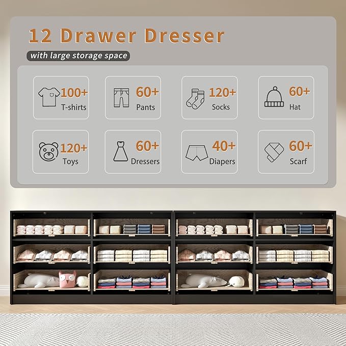 Black Dresser Set of 2, Large Dresser for Bedroom Wooden with 12 Drawers, Fluted Modern Bedroom Furniture Set, TV Stand Dressers & Chests of Drawers for Closet (15.7"D x 110.2"W x 31.8"H)