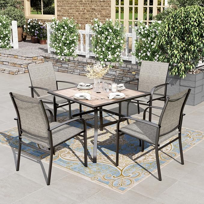 HERA'S HOUSE Patio Table and Chairs for 4, 5 Pieces Outdoor Deck Dining Sets, Square Metal Table Set with Chairs for Lawn Garden Backyard, Brown by HERASHOUSE