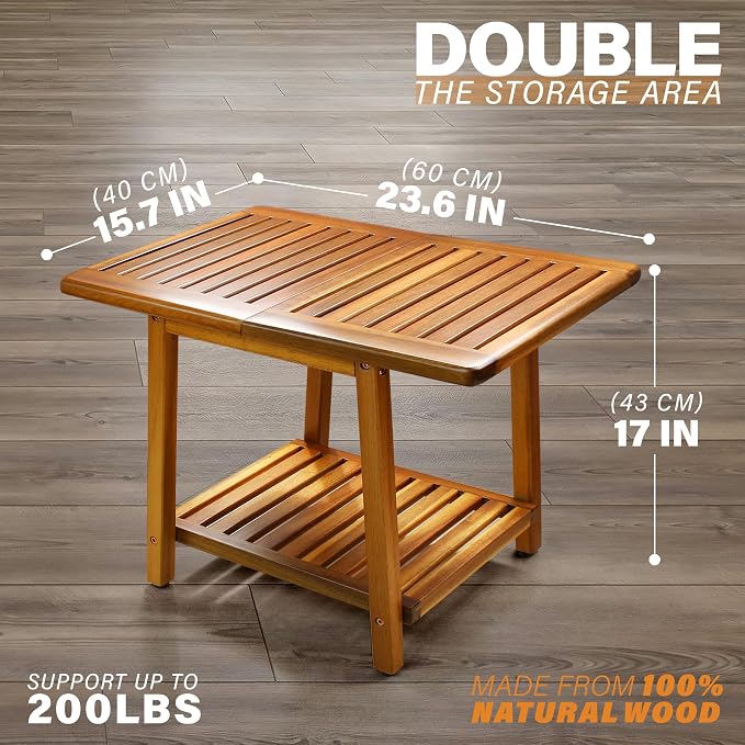 ENKEZI Acacia 24 Inches Outdoor Side Table, 2-Tier Sturdy Patio, End Table Weather Resistant, Strong Stability Side Table for Patio, Pool, Porch, Teak Finish (Large) - Image 3