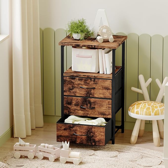 Fixwal Night Stand with 3 Fabric Drawers, Nightstand for Bedroom, Bedside Table with Charging Station End Table with Storage, Rustic Brown - Image 7