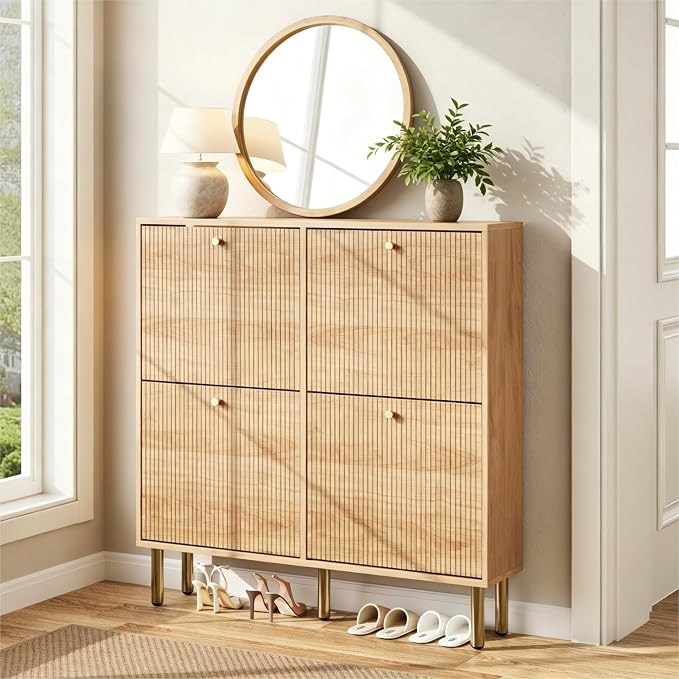 Nicetree Shoe Storage Cabinet for Entryway - Ultra Slim Shoe Cabinet with Tiered Fluted Design - Modern Shoe Organizer with Gold Legs, Hidden Shoe Rack for Small Spaces, Fits Men's Size 13.5 by Nicetree