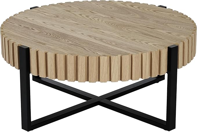 Christopher Knight Home Sol 31.5'' Modern Round Coffee Table, Indoor Living Room Side Table, Wooden End Table with Cross Metal Base, Unique Gear Motifs and Fluted Edges, Black + Natural