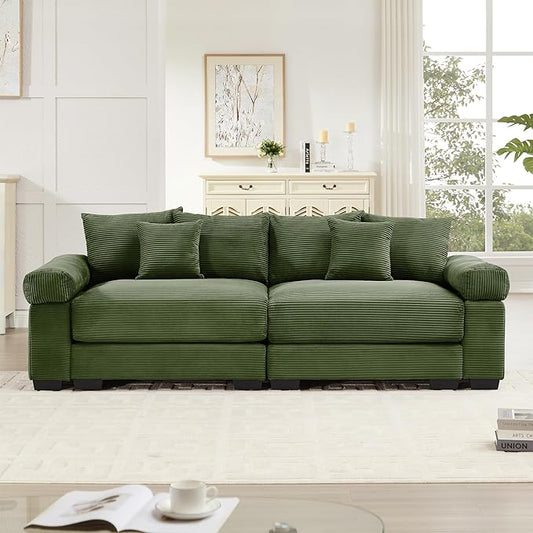 KEIKI 83" Oversized Corduroy Modular Sectional Loveseat Sofa with High-Density Foam Cushions, Extra-Thick Armrest, Upholstered Modern 2-Seater Fluffy Corner Couch with 6 Pillow, for Living Room, Green