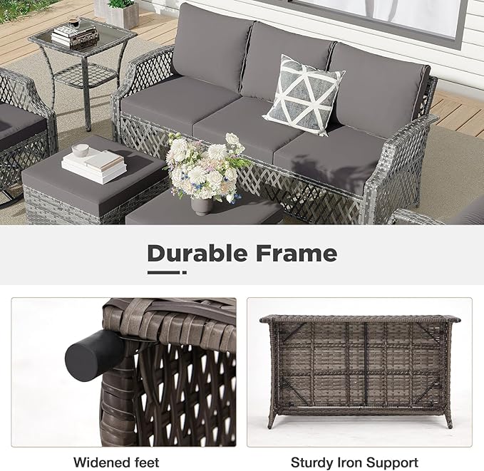 HOMREST 7 Piece Patio Furniture Set, Wicker Outdoor Conversation Set with Swivel Chairs, 2 Ottomans, Storage Coffee Table, Rattan Outdoor Sectional Sofa for Deck Backyard Porch 7 Seats Gray