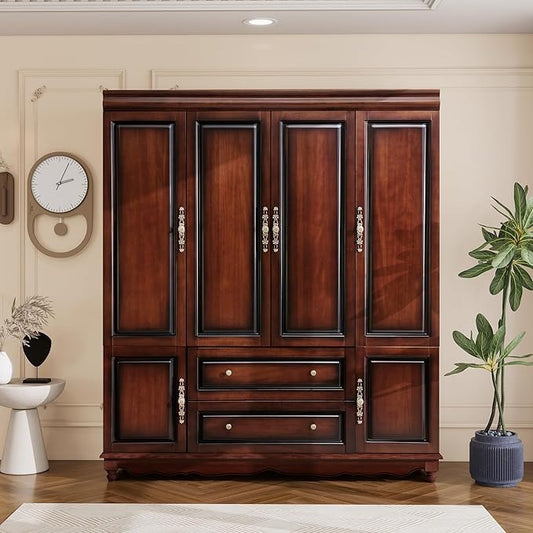 Solid Wood Armoire Wardrobe Closet, Cherry Finish Bedroom Storage, American Style Clothes Organizer with 2 Drawers, Shelves and Hanging Rod, Modern Furniture 61.42" W x 19.29" D x 70.87" H