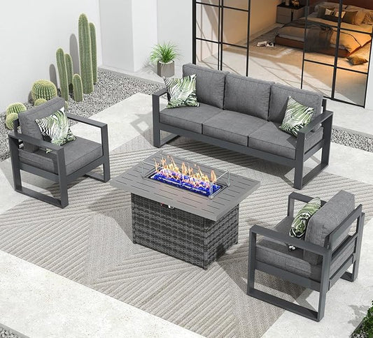 Outdoor Aluminum Furniture Set with Fire Pit Table - 4 Pieces Modern Patio Conversation Sets Metal Sectional Sofa Set