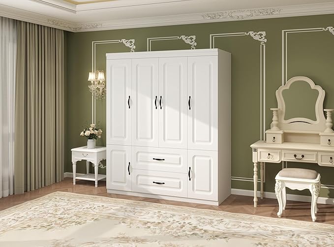 Armoire Wardrobe Closet: White Wood Large Bedroom Armoires Wood Wardrobe Cabinet with 4 Door 2 Drawers Tall Closet with Shelves and 2 Hanging Rail Room
