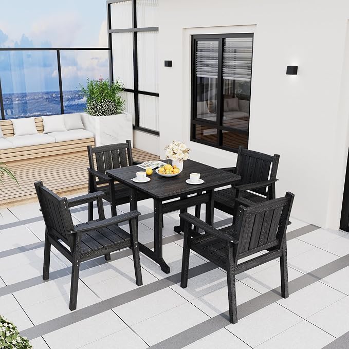 Pamapic 5 PCS Outdoor Dining Set, Spacious HDPE Outdoor Table and Chairs, Wood Grain Patio Furniture Sets with Elegant Armrest, All-Weather Patio Dining Table with Umbrella Hole, Black - Image 8