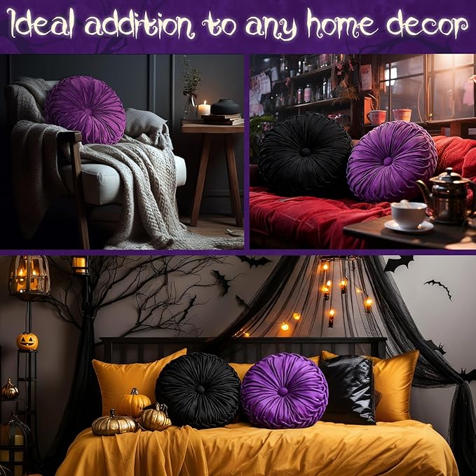 Beeveer 2 Pcs Round Throw Pillows 15 Inch Decorative Velvet Pleated Pumpkin Pillows Boho Floor Pillow with Center Button for Living Room Couch Chair Bed Sofa Home Decoration (Black and Purple)