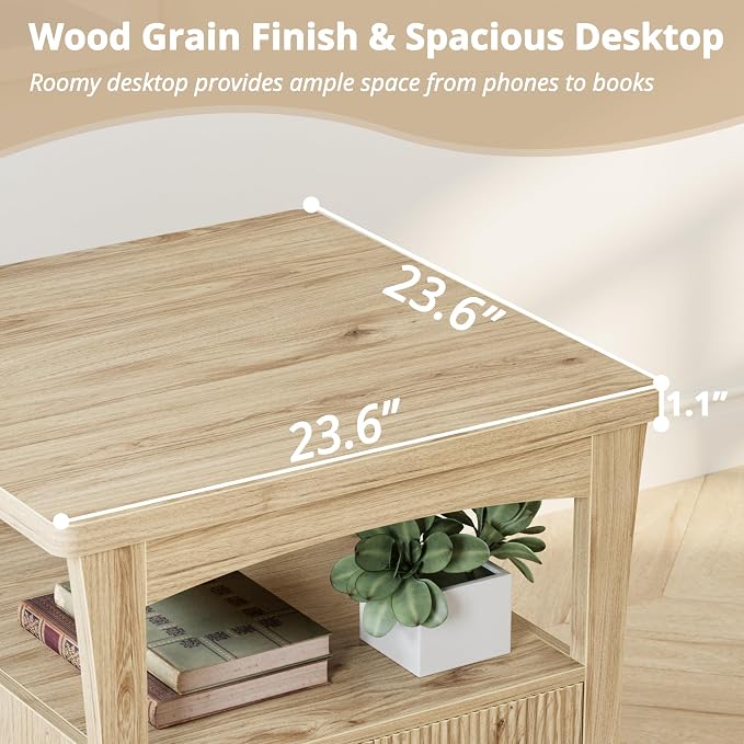 LIKIMIO Nightstand with Charging Station, Wood Night Stand, 23.6inch Large Bedside Table with Storage, End Table for Bedroom, Oak - Image 4