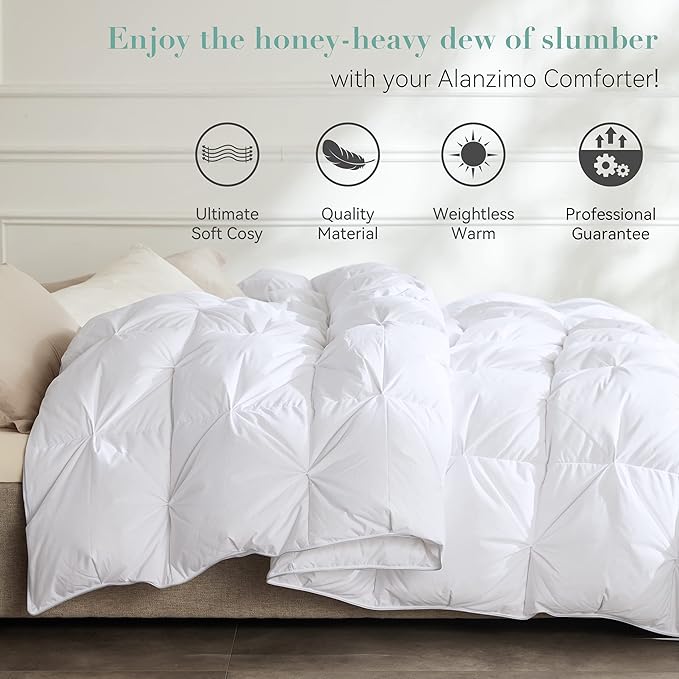 Alanzimo All Season Luxurious White Goose Down Feather Fiber Comforter Duvet Inserts Queen Size - Medium Warmth Ultra Soft 750 Fill Power White Bedding Comforter with 8 Tabs - 90x90 Pinch Pleat
