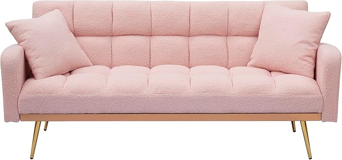 Convertible Futon Loveseat Couch Reversible Loveseat Folding Daybed Guest Bed, Tufted Teddy Fleece Upholstered Convertible Sleeper Sofa Bed with Golden Metal Legs and 2 Pillows for Living Room Office