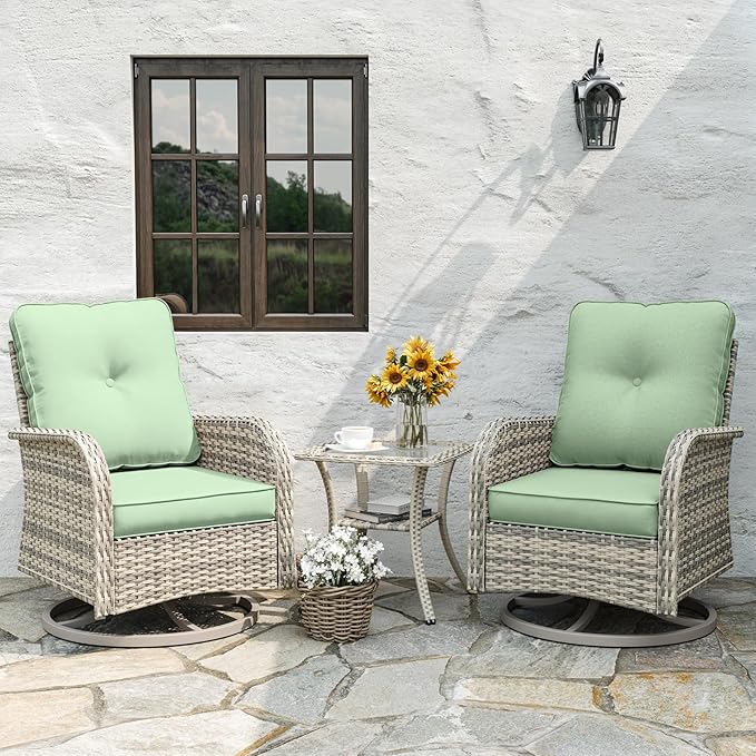 Patio Rocking Swivel Chair Outdoor Wicker Rattan Bistro Set with Tempered Glass Side Table, Outdoor Patio Furniture Set for Garden, Deck, and Balcony, Light Green