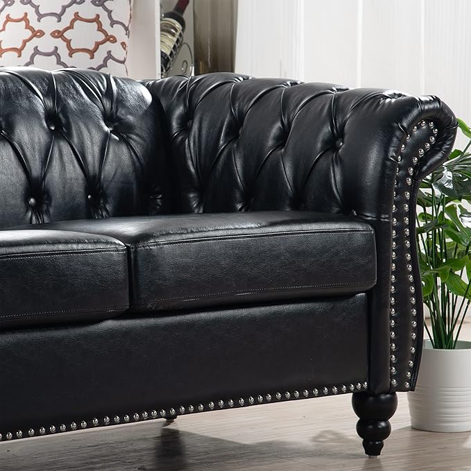 ERYE 84.5-Inch Classic 3 Seat Chesterfield Sofa Couches for Living Room Bedroom, 3 Seaters Button Tufted Faux Leather Upholstered Chesterfield Sofa Couch,Wood Legs | Button Tufted, Easy to Assemble, Nailhead, Removable Cushion