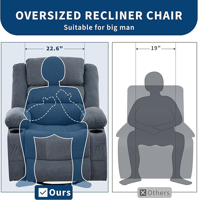 Rocking Recliner Chair for Adults Wide 360° Swivel Rocker Recliner with Cup Holder Nursery Glider with Upholstered Deep Seat Linen Lazy boy Chair for Living Room Blue