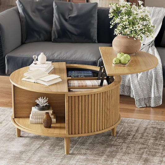 Lift Top Coffee Table with Storage, Fluted Round Center Table with Sliding Cabinet Door, Small Circle Table for Living Room, Natural Oak