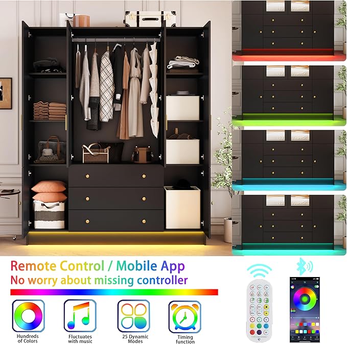4 Doors LED Armoire Wardrobe Closet with Mirror, 75" Tall Modern Wooden Wardrobe Closet with 3 Drawers, Freestanding Clothing Storage Cabinet with Hanging Rod, Adjustable Shelves, Black