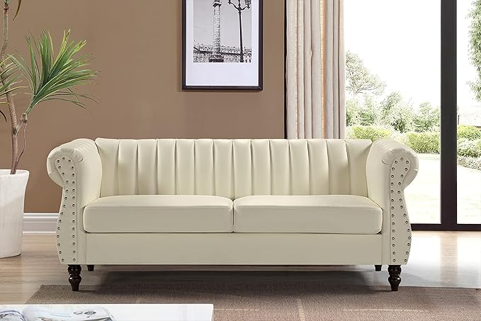 Chesterfield-Inspired 77" Faux Leather Sofa with Elegant Design, Gourd Legs, and Sustainable Pleather Upholstery, 3 Seater Couch for Living Rooms and Offices, Cream White