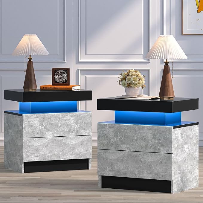 Bingoday Nightstand Set of 2 LED Nightstand with 2 Drawers, Bedside Table with Drawers for Bedroom Furniture, Side Bed Table with LED Light by Bingoday