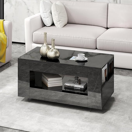 Glossy Coffee Table with Open Shelf Storage - High Gloss Modern Cocktail Table for Living Room, Bedroom, Office