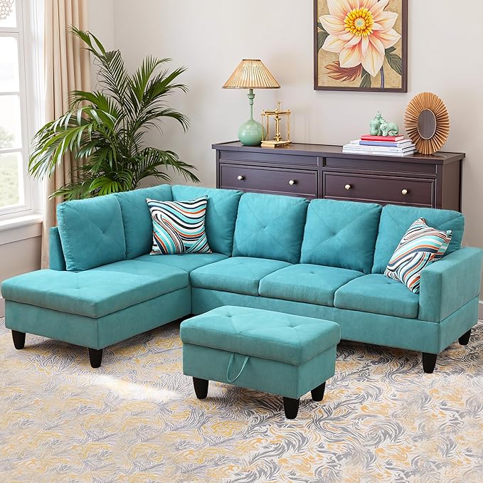 NicBex Modular L-Shaped Sectional Couches, 3-Piece Convertible Couch with Storage Ottoman, 4-Seat Comfy Sofa with Chaise for Living Room & Apartment, Aqua Blue
