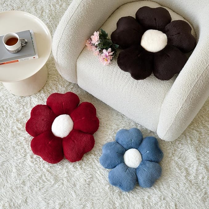 Flower Shaped Pillow, Cute Decorative Throw Pillows with Soft Rabbit Fur for Couch Bed Chair Floor, Christmas Pillow Seating Cushions with Room D??cor for Bedroom Living Room(14.9 Inches, Brown)