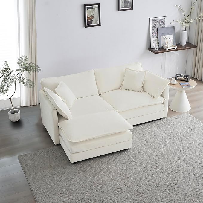 KEIKI Loveseat Sofa, Upholstered 2 Seater Couch with 1 Footrest, Oversized L-Shaped Sectional Sofa with Ottoman for Living Room Bedroom Office, White