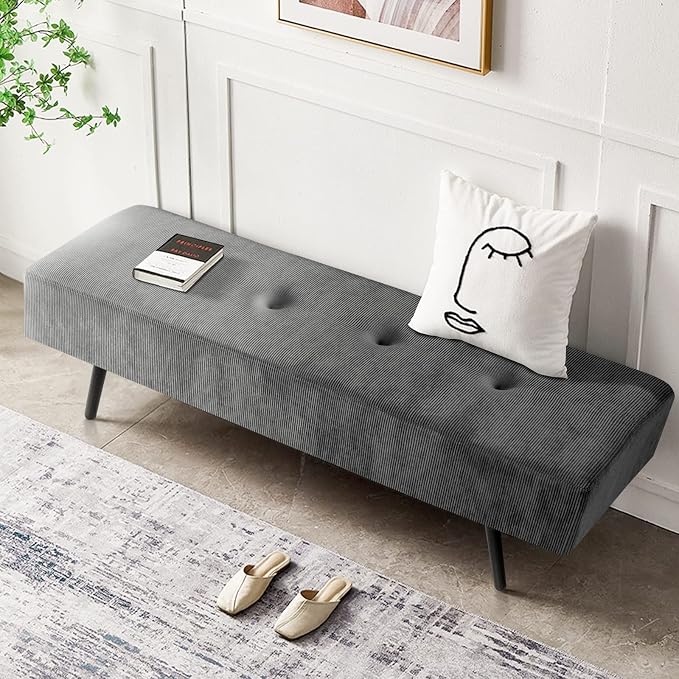 Comfy to go Entryway Bench - Grey Bench for Bedroom, Modern Ottoman End of Bed, Corduroy Padded Benches for Living Room, Foyer, Mudroom, Hallway - 39" L x 14" W x 17" H - Image 6
