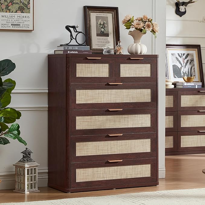 LEYAOYAO Rattan Dresser for Bedroom Set of 2, 41" Tall Chest of Drawers, Modern 6 Drawers Boho Dressers with Storage, Vintage Brown Dresser Wooden Closet Organizer for Living Room, Hallway - Image 4