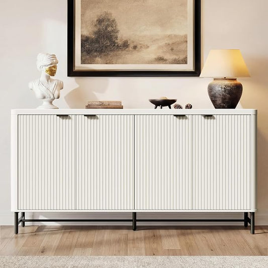 Fatmok 65" Buffet Cabinet with Storage, Fluted Credenza Sideboard with 4 Doors & Adjustable Shelves, Large Coffee Bar Console Table for Dining Room, Living Room, Entryway, White by Fatmok
