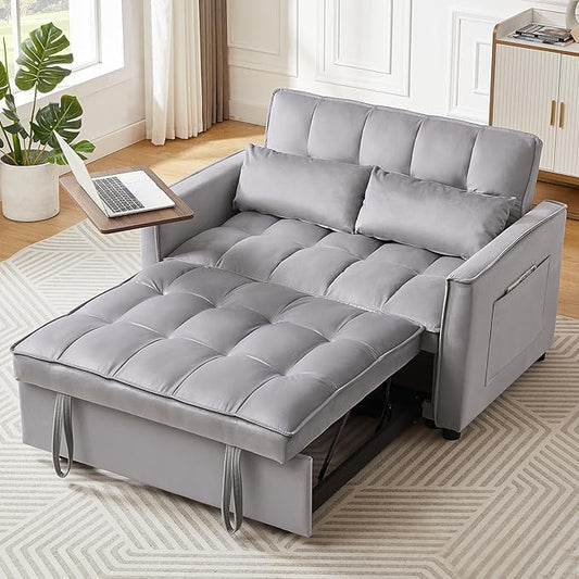 3 in 1 Sleeper Sofa Couch Bed, Pull Out Loveseat with Storage, Full Size Velvet Convertible Chair with 2 Pockets & 2 Pillows for Living Room, Grey