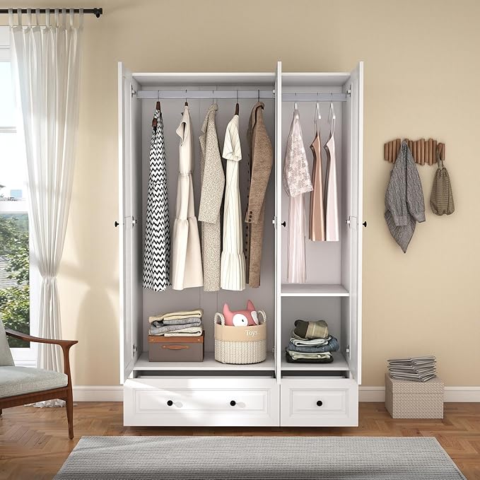 Armoire Wardrobe Closet with Drawers: 74" White Wardrobe Close with 3 Doors, Tall Armoire with Hanging Rod, Large Wood Clothes Cabinet for Bedroom (White, 47")