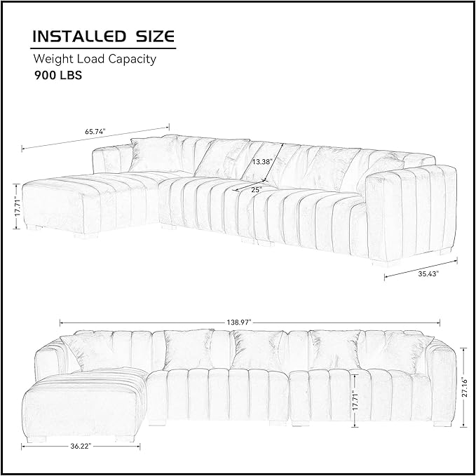 KEIKI 139" L-Shape Velvet Modular Sectional Sofa with Left Chaise Lounge, Modern Style Upholstered Oversized Reversible 3-Seater Channel Tufted Couch, Easy Assembly, for Apartment, Living Room, Beige