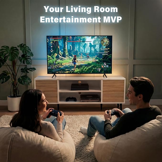 YESHOMY Mid-Century Modern TV Stand for 43-55 Inch TVs, 50 Inch Entertainment Center with Storage, Media Console with Push-to-Open Doors and Cable Management for Living Room, Bedroom (White and Beige) - Image 2