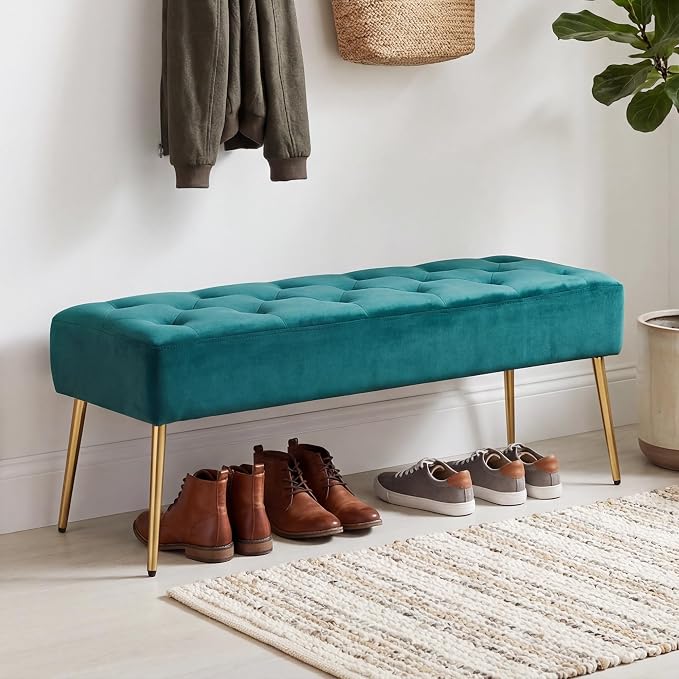 DUHOME Modern Velvet Bench Ottoman, Upholstered Bedroom Benches Footrest Stool Button-Tufted Table Bench Dining Bench with Gold Metal Base for Entryway Dining Room Living Room Bedroom, Atrovirens - Image 2
