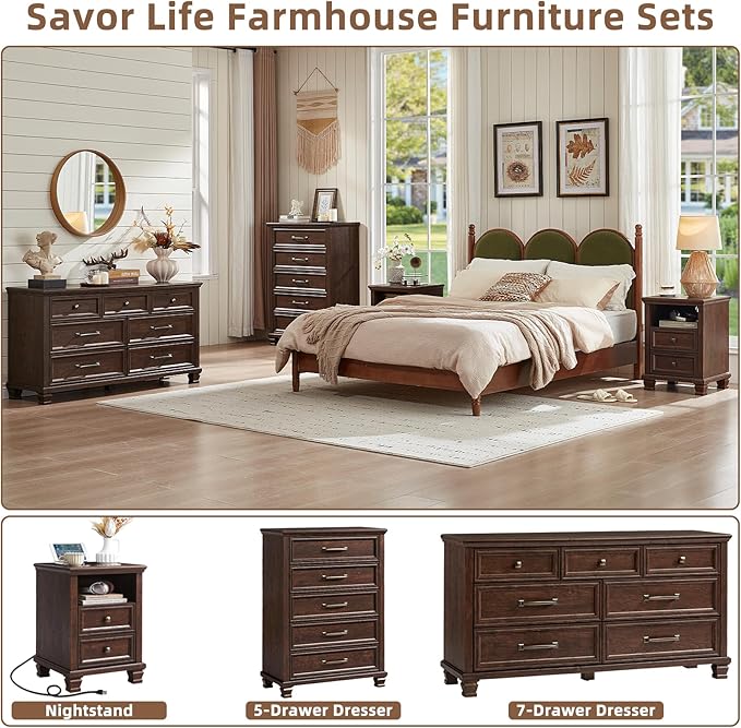 SAVOR LIFE Farmhouse Dresser and Nightstand Sets 4 Piece, 5/7 Drawer Dresser & 2 Drawer Nightstand Set, Rustic Wood Bedroom Furniture Set for Home, Bedroom, Hallway, Walnut