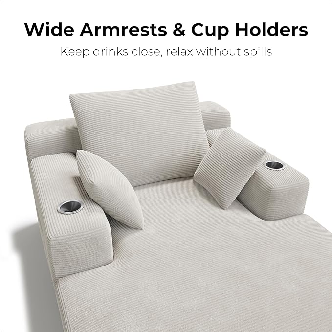 LIKIMIO 71.6" Oversized Chaise Lounge Chair Indoor with Cup Holders & Storage - Corduroy Sofa Bed for Living Room, Reading Nook, or Bedroom, No Assembly Cloud Couch (Greige) | Chaise Lounge Indoor, OEKO‑TEX corduroy, Cup holders|storage, CertiPUR‑US fo...