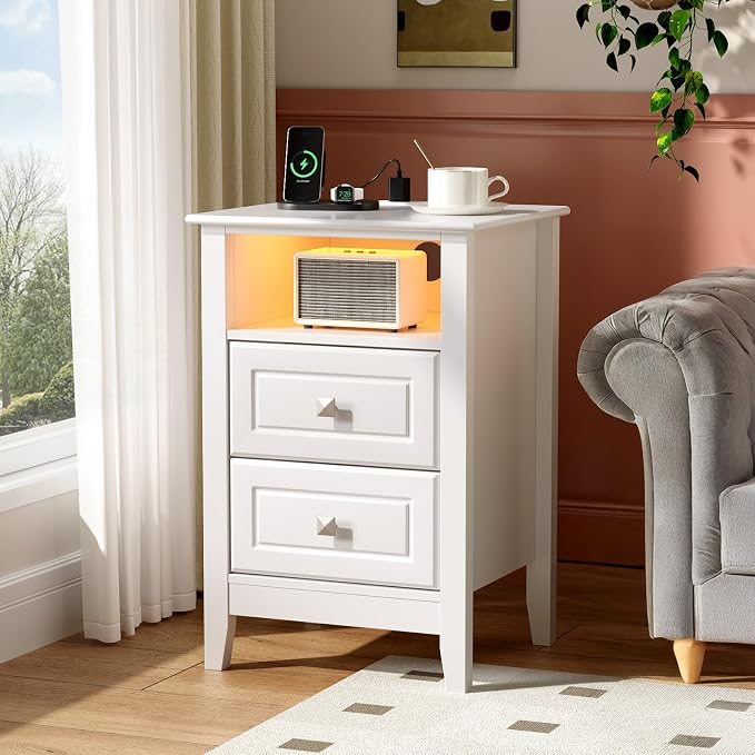 Bonnlo White Nightstand Set of 2 with Charging Station & Led Lights Night Stands White Bedside Table, Wooden Nightstands with Drawers, Modern Nightstand for Bedroom, 15.75" W*13.78" D*23.62" H - Image 8