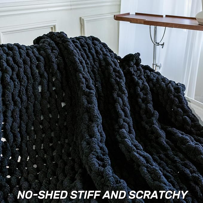 Chunky Knit Blanket - Luxury Soft Cozy 80 * 90 Throw Blanket,100% Woven Blanket Rope Knot Throw Blanket for Couch, Sofa, Home Decor, Gift - Machine Washable (Black, 80 * 90)