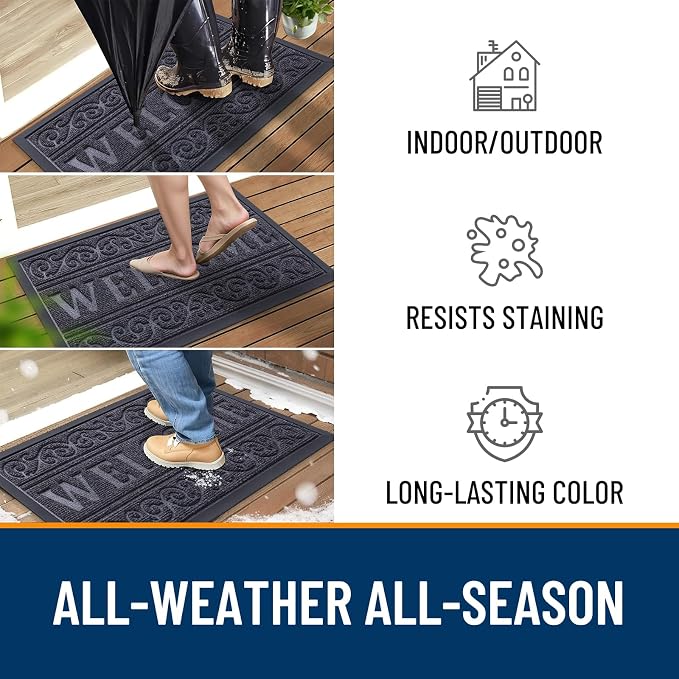 OLANLY Welcome Door Mat Indoor Outdoor Entrance, Heavy Duty Sturdy Front Door Mat, Waterproof All-Weather Doormat, Stain Resistant, Low Profile, Easy Clean Patio Entryway Mat, 47 x 32, Medium Grey - Image 3