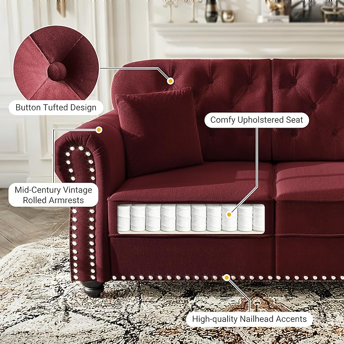 KEIKI 83" Velvet Chesterfield Sofa with Rolled Arms & Nailhead Trim & 1 Ottoman, Modern 3-Seater Button Tufted Couch with High Resilience Cushion & 3 Pillow, Easy Assembly, for Living Room, Burgundy