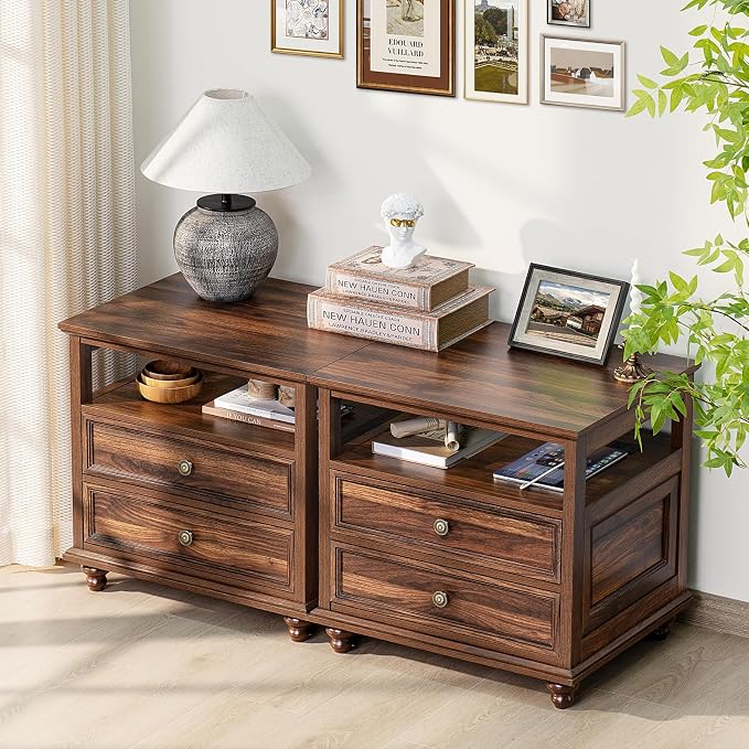 Joaxswe Farmhouse Nightstand with Charging Station, 24" Wide End Table with 2 Drawers,Brown Dresser for Bedroom, Bed Side Table Chest of Drawers Cabinet,Wood Night Stand for Living Room, Closet - Image 8