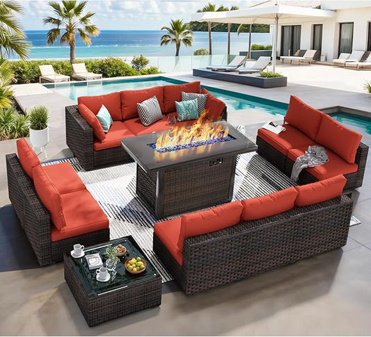 12 Piece Patio Furniture Set with Fire Pit Table All Weather PE Rattan Outdoor Sectional Sofa Couch with No-Slip Cushions and Glass Top Table for Garden, Poolside, Backyard (Red)